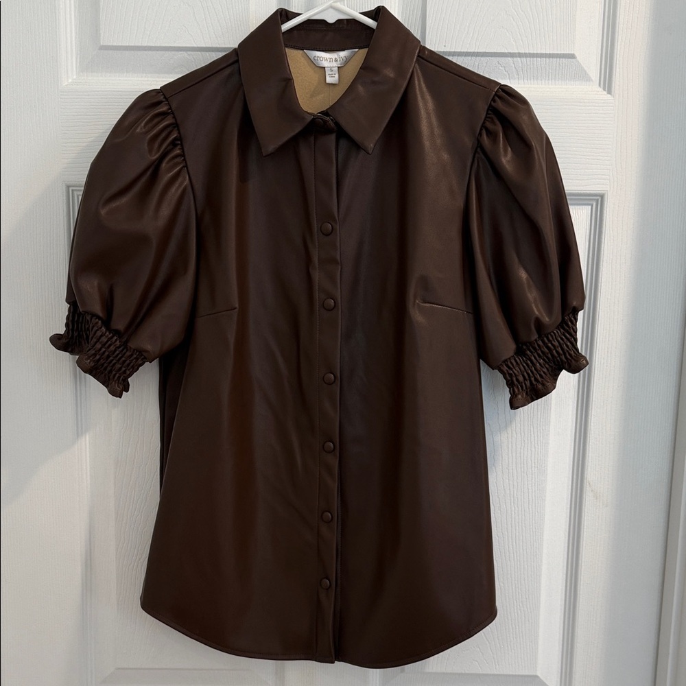 Crown & Ivy Dark Brown Faux Leather Puff Sleeve Blouse